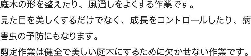 庭木の形を整えたり、風通しをよくする作業です。見た目を美しくするだけでなく、成長をコントロールしたり、病害虫の予防にもなります。剪定作業は健全で美しい庭木にするための欠かせない作業です。