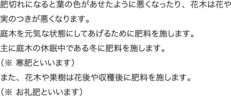 肥切れになると葉の色があせたように悪くなったり、花木は花や実のつきが悪くなります。庭木を元気な状態にしてあげるために肥料を施します。主に庭木の休眠中である冬に肥料を施します。（※ 寒肥といいます）また、花木や果樹は花後や収穫後に肥料を施します。（※ お礼肥といいます）
